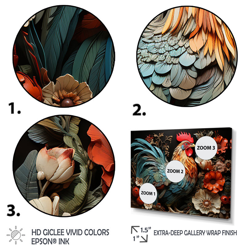 Art mural coq moderne avec coq moderne, H 34 po x l 44 po x P 1,5 po, Cadre doré à coins fermés