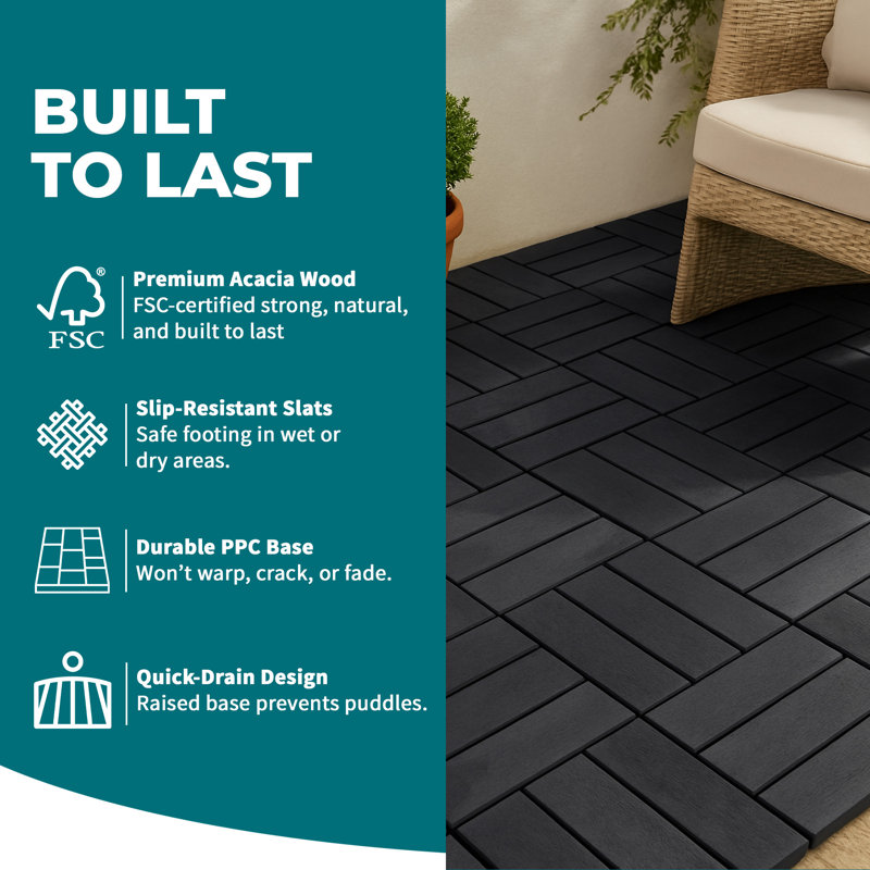 Bliss Outdoors Hardwood 12-Slat Interlock Wood Deck Tiles, Aged Black, Set of 30, Black