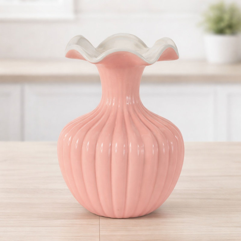 Scalloped Ribbed Dolomite Vase 8"H, Pink