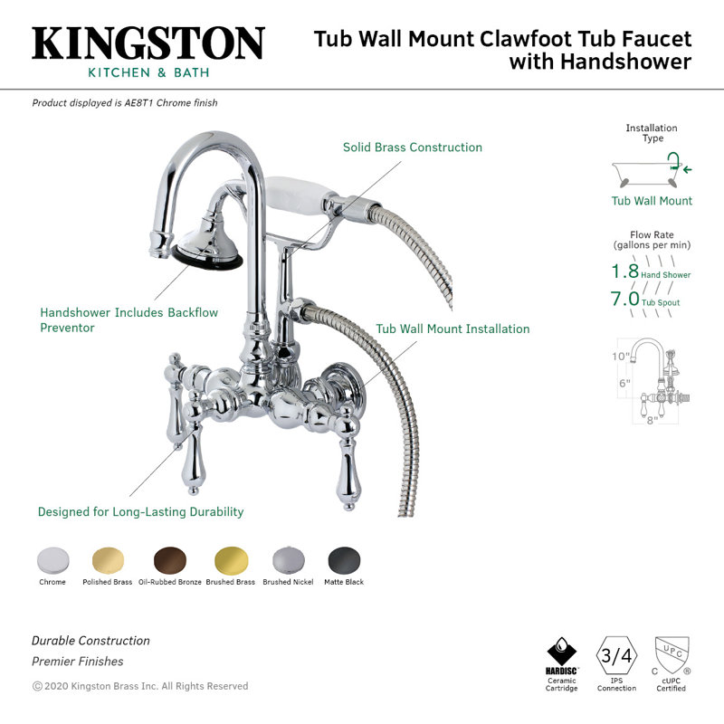 Kingston Brass Aqua Vintage Three-Handle 2-Hole Tub Wall Mount Clawfoot Tub Faucet with Hand Shower, Polished Brass