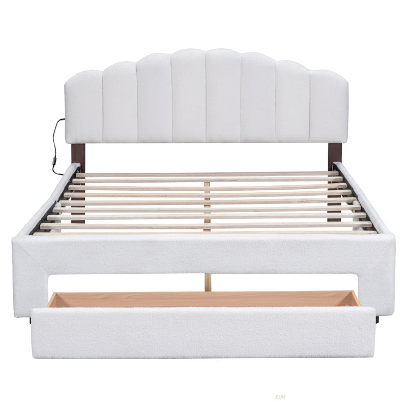 Upholstered Bed Frame With LED Lights, Modern Upholstered Princess Bed With Crown Headboard (Bed), Queen, White