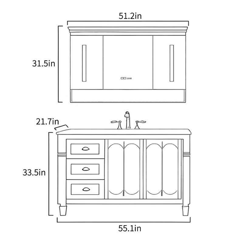 Meuble-lavabo de style rétro américain, H 33,5 po x l 55,1 po x P 21,7 po, Blanc cassé / blanc