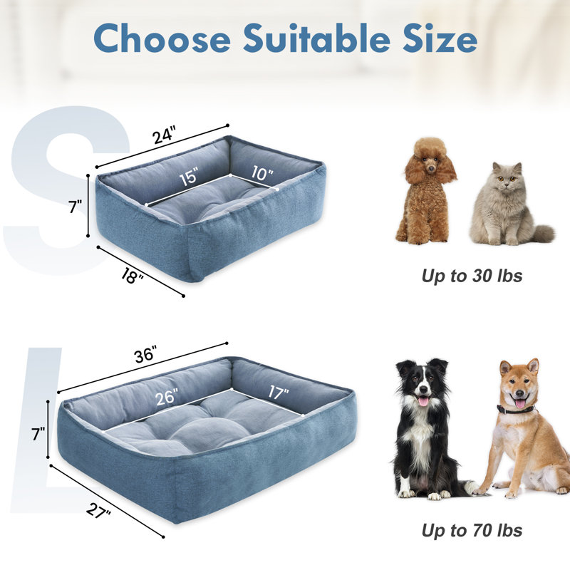 Blue Linen Rectangle Pet Bed with Bolster Cushion