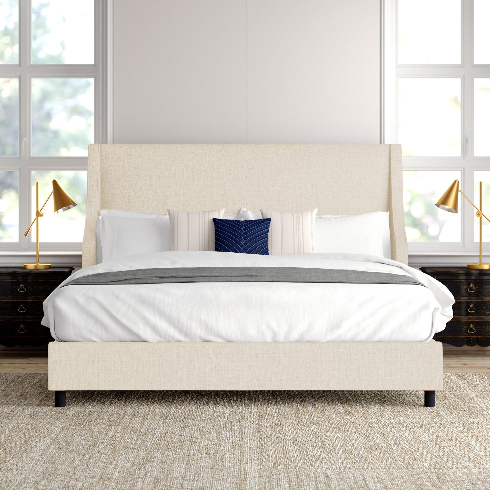 Bernadine Upholstered Wingback Bed, Queen, Classic Talc Linen