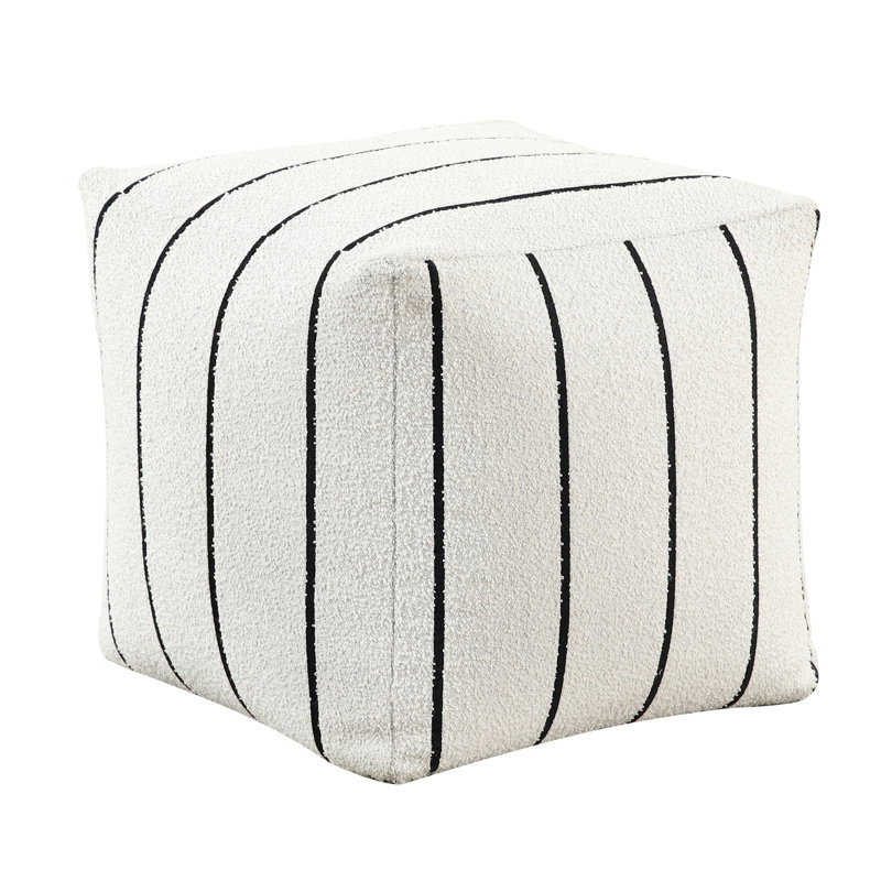 Square Pouf , Non-Slip Floor, 300Lbs Weight Capacity, Modern Look Fabric Non-Slip, Aspect, Off White/Black Polyester Striped