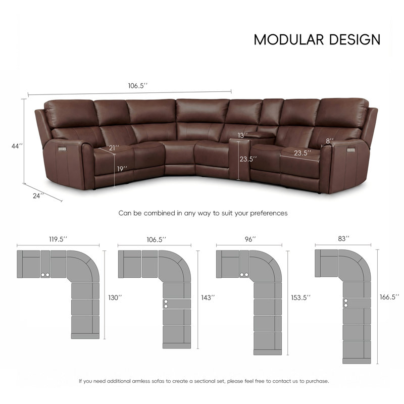 Canapé d'angle modulaire en cuir 6 places avec fonction électrique, fauteuil multifonctionnel sans accoudoirs et console.