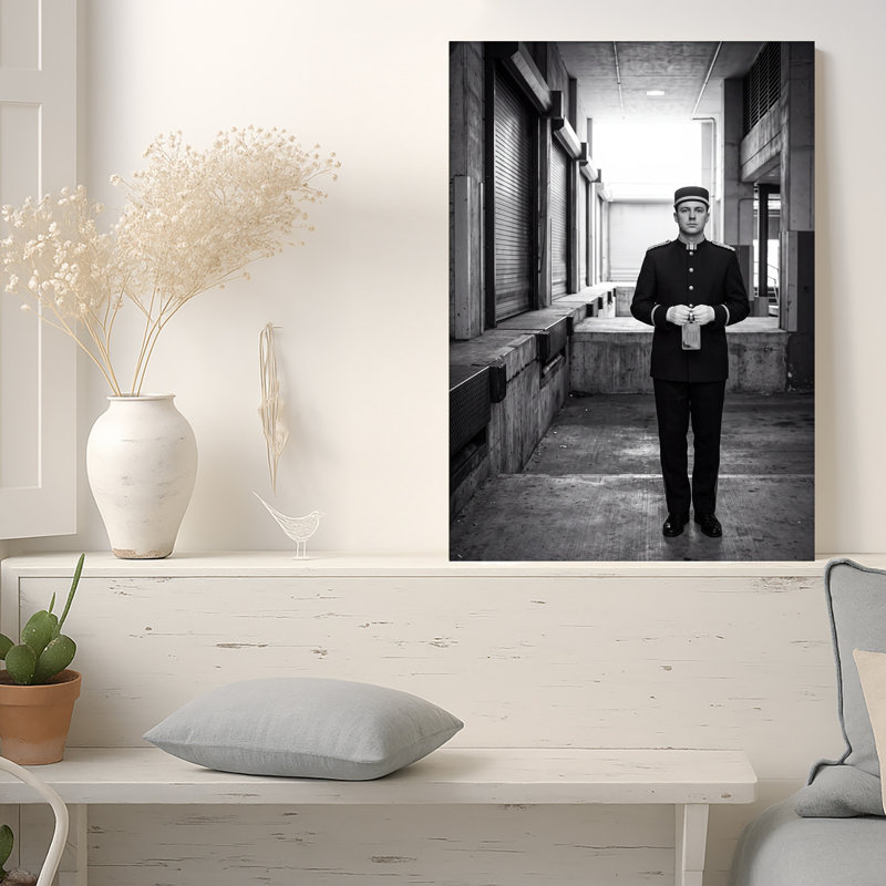 «Black and White Uniformed Man in Concrete Walkway», art mural, 36"H x 24"W