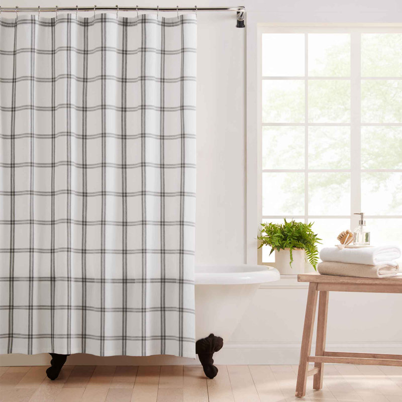 Goughf 100% Cotton Plaid Single Shower Curtain, White/Grey