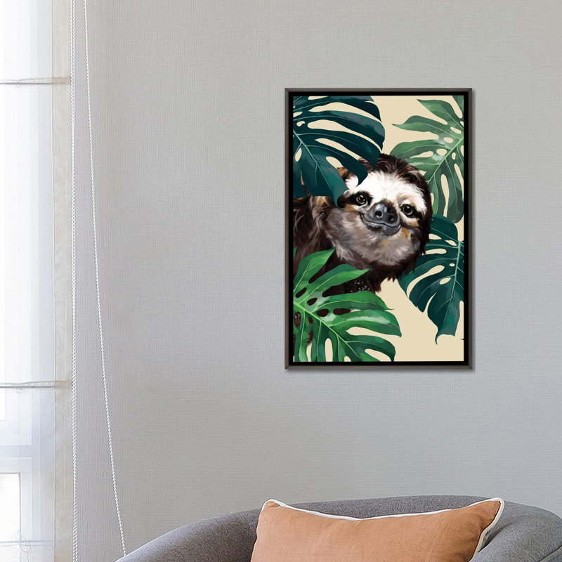 Sloth furtif avec monstera, H 26 po x l 18 po x P 1,5 po, Toile tendue