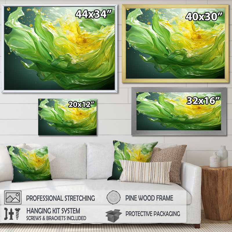 «Green and Yellow Harmonious Chaos II - Abstract Collages», art mural, Toile tendue, H 16 po x l 32 po x P 1 po