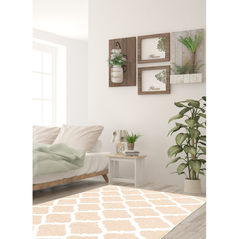 Tapis géométrique en laine beige / blanc à motif géométrique Kilim