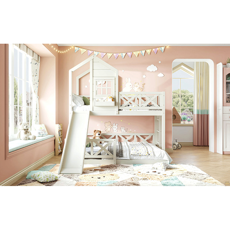 Cadre de lit superposé simple au dessus d'une maison double avec glissade, lit superposé en bois avec garde-corps en forme de X, fenêtre et espace de rangement, aucun sommier nécessaire, beige