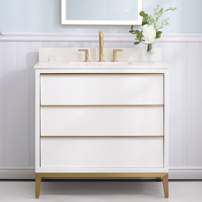 35'' H X 36'' W Solid Wood Bath Vanity with Stain-resistant Carrera White Quartz Top and Single Sink