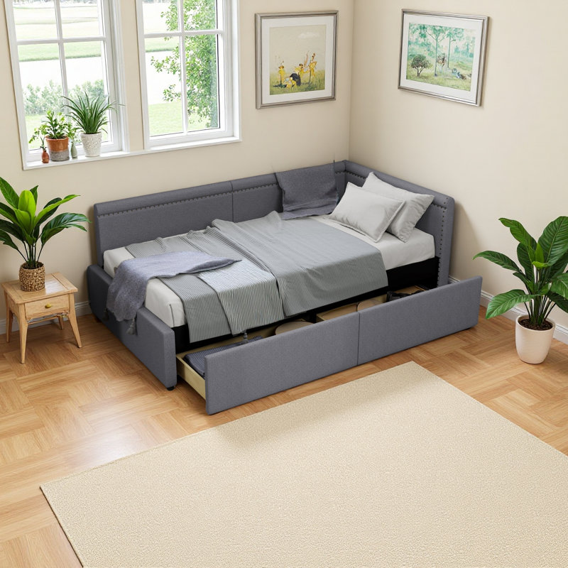 Lit de coin en L de style moderne avec lit simple en lin et deux tiroirs de rangement, Gris