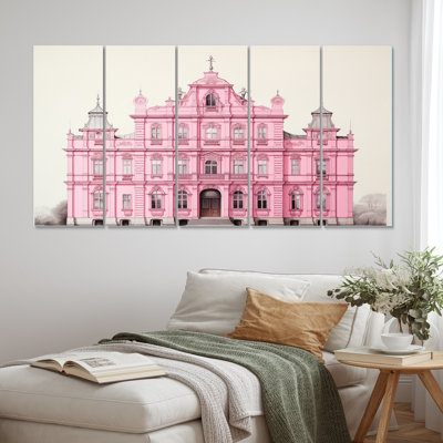 «Pink Blueprint of London Architecture III», reproduction d'art sur toile City London - 5 panneaux égaux