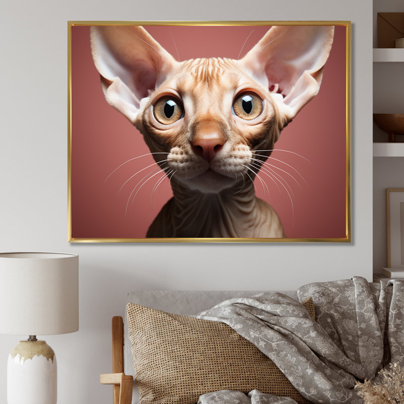 " Peterbald Playfulness Cat Portait ", 16" H x 32" W x 1" D, Gold Floater Framed