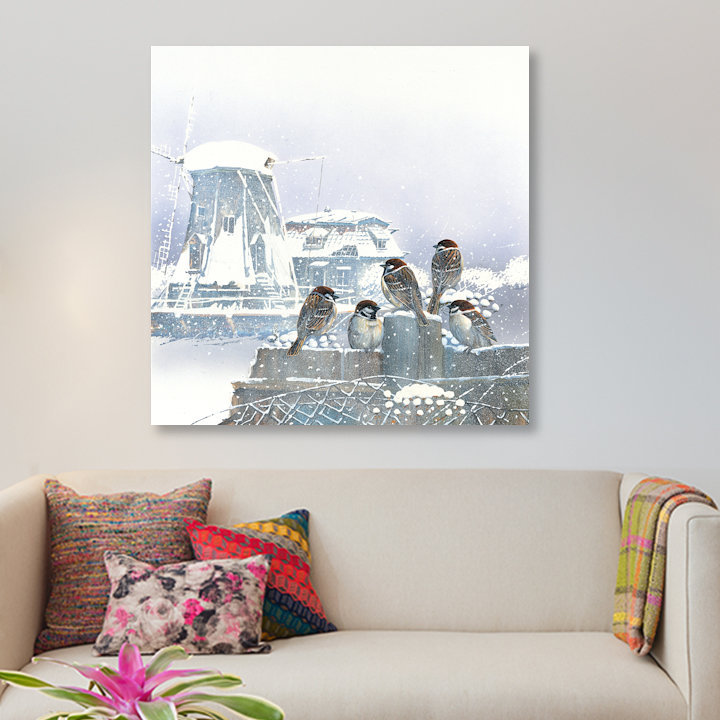 «Birdies and Windmill», impression sur toile, H 18 po x l 18 po x P 1,5 po, Toile tendue, Pas de tapis
