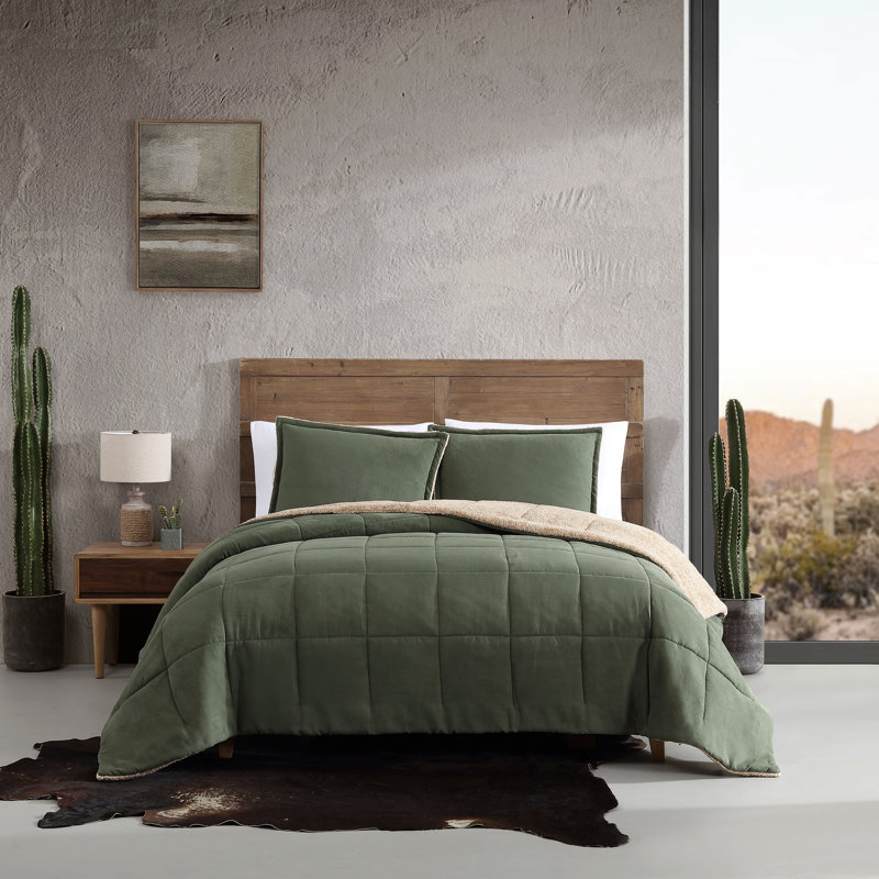 Wrangler Legendary Solid Microsuede/Sherpa Reversible Comforter Set, Green, King Comforter + 2 King Shams
