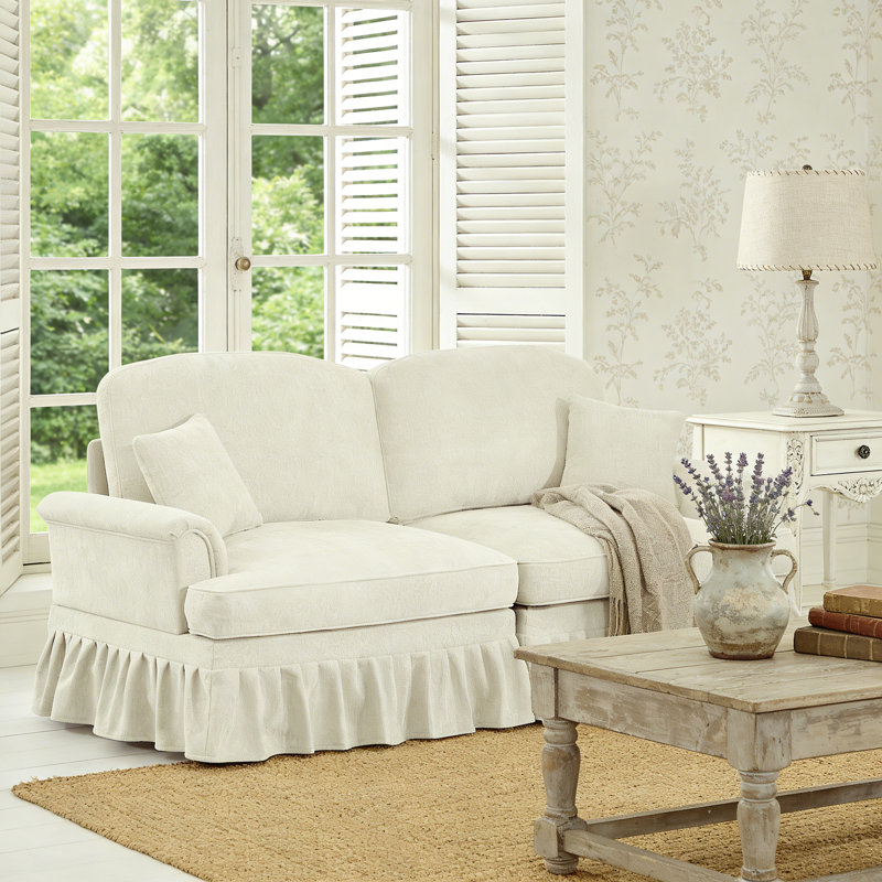 2-Seat Chenille Fabric Cozy Couch Loveseat Sofa with Removable Ruffles Pleats Skirts, Beige White