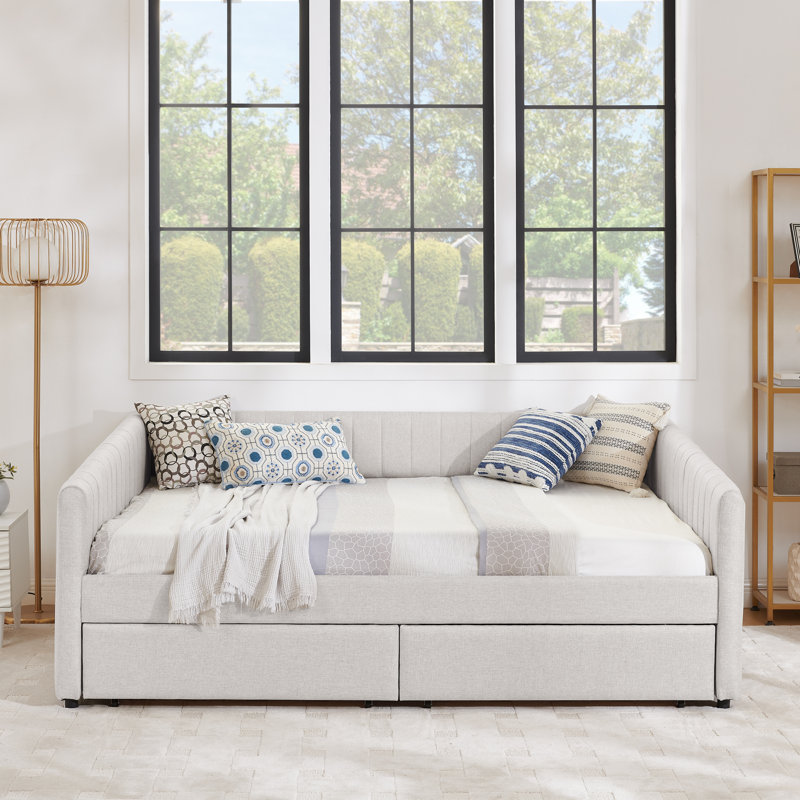 Queen daybed: upholstered sofa bed, two-drawer trundle, vertical stripes, linen fabric (86.5"x65"x30"), Beige