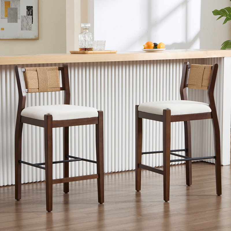 Farmhouse Solid Wood Barstool With Braided Rope Backrest, Upholstered Low Barstool For Bar And Kitchen Island Set Of 2, White