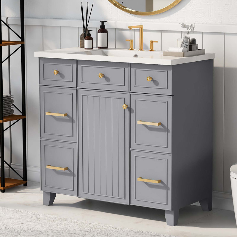 Ensemble de meuble-lavabo 36 po avec lavabo, lavabo simple, meuble-lavabo avec porte à fermeture douce et tiroir, Gris
