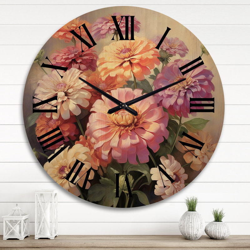 Colorful Zinnias Romantic Impression IV - Floral Oversized Wood Wall Clock, Très grand