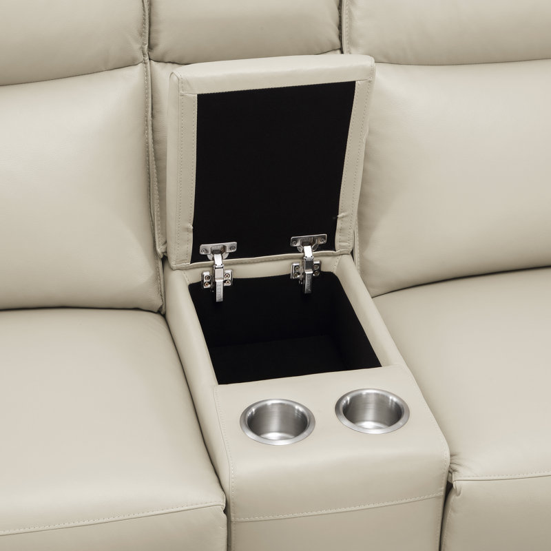 Enjolie 93.5" Modern & Contemporary Top Grain Leather Power Reclining Loveseat with with Power Adjustable Headrests, USB Charging & Center Storage Console