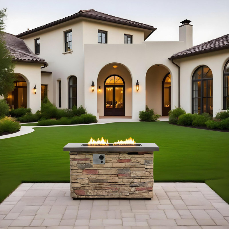 42" Propane Gas Fire Pit Table, 50000 BTU Rectangular Concrete Fire Pit For Outside Patio Deck Garden Backyard
