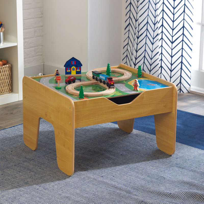 2-in-1 Wooden Activity Table with Board, Train Set and 195 Bricks, Natural
