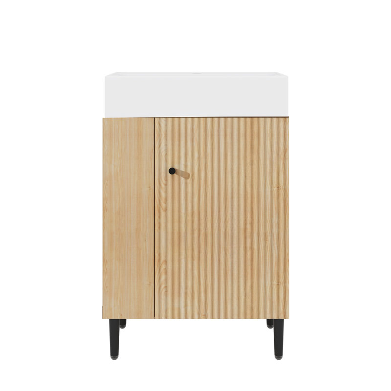 Ensemble de meuble-lavabo sur pied autoportant 21,6 pouces avec pieds en métal et rangement à gauche, Bois, Noir
