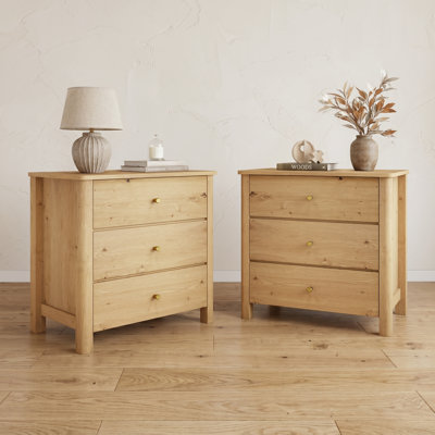 Set of 2 Natural Wooden 3-Drawer Nightstand / End Table, 26.5" Wide Dresser Chest For Bedroom