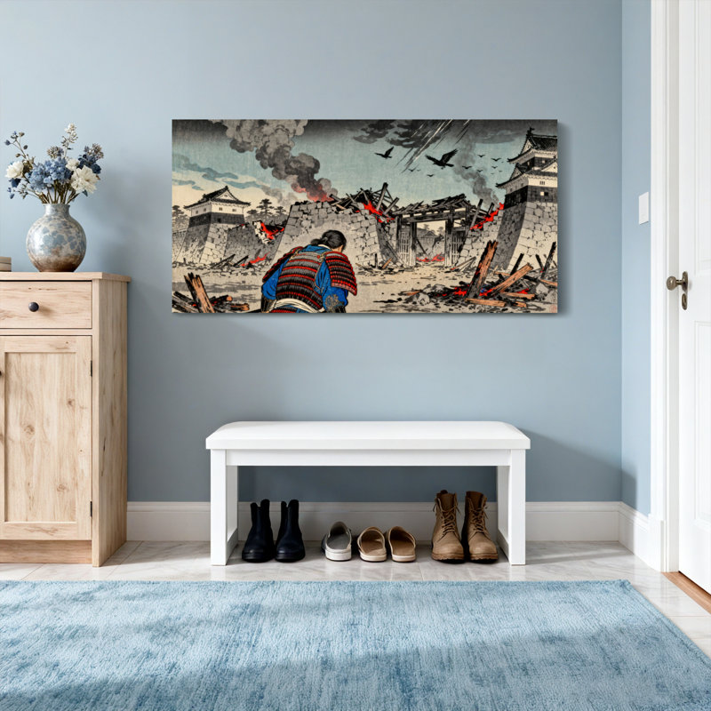 Paysage et nature scène de guerre avec Samouraï et château brûlant, H 28 po x l 58 po