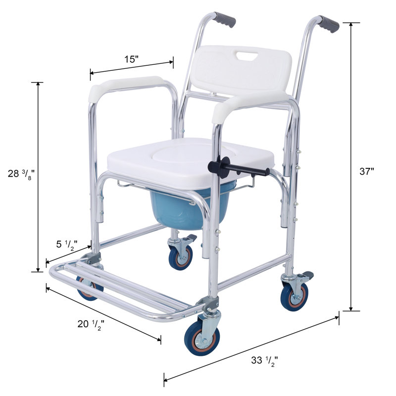 4-in-1 Transport Shower Wheelchair Toilet Rolling Chair - With 4 Brakes Casters, Tissue Holder, Crutch Holder for Elderly, Injured & Disabled