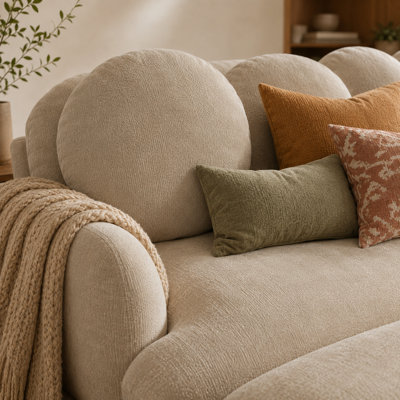 Canapé deux places Gatton en chenille avec 2 poufs amovibles, canapé profond 2 places avec 4 coussins décoratifs, structure en bois massif, accoudoirs arrondis et pieds en bois, canapé rétro pour salon