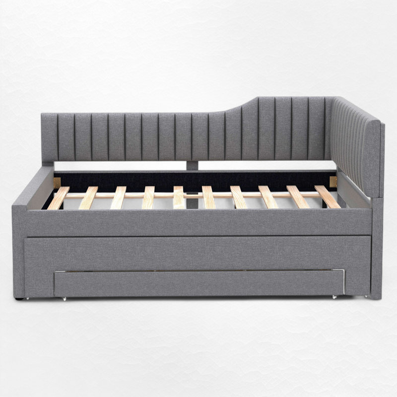 Upholstered Daybed With Trundle And Drawer, Gray, Full/Double