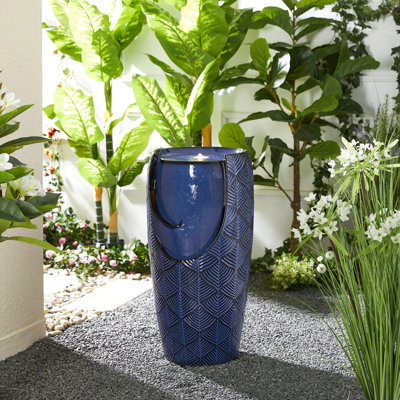 29.25"H Oversized Cobalt Blue Scale-Like Textured Glaze Ceramic Pot Outdoor Floor Fountain With Pump And LED Light (KD)