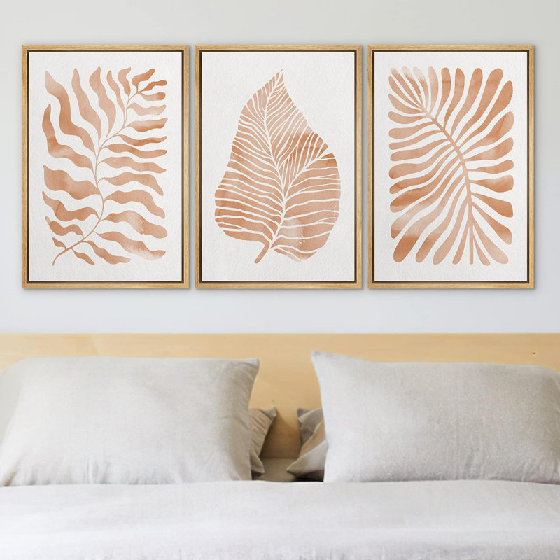 «Orange Tropical Palm Leaves», botanique abstraite, encadrée, 3 pièces, impression sur toile, H 24 po x l 16 po x P 1,5 po