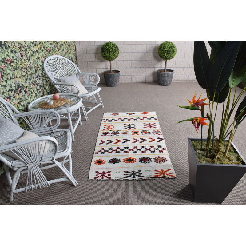 Tapis en chanvre turc blanc à motif artisanal Anatolian fabriqué à la main pour vestibule et cuisine