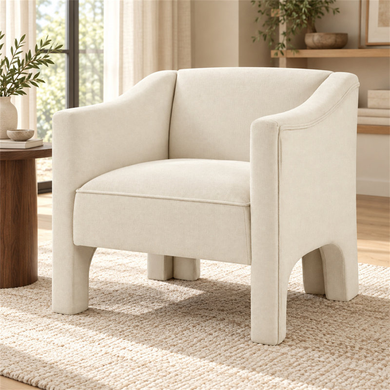 Fauteuil d'appoint moderne en forme de tonneau, fauteuil rembourré en chenille avec accoudoirs fermés, beige, Beige