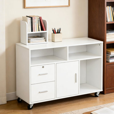 Support pour imprimante blanc avec tiroirs verrouillables et mobilité - 3 tablettes, 2 tiroirs, armoire, 4, facile à nettoyer, L 39,25 po x l 13,75 po, H 25,5 po, blanc
