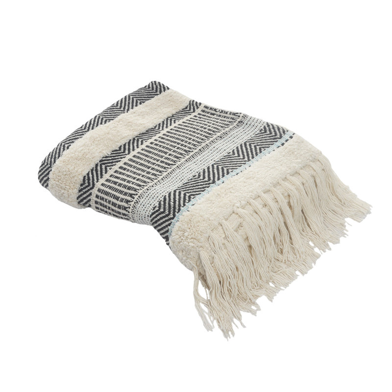 Jeté rayé en coton tissé, Rayures noires / beiges