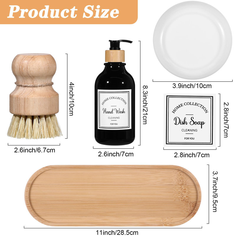 Ensemble de distributeur de savon de cuisine 4 pièces avec plateau en bambou et brosse à vaisselle en plastique 4 oz, Noir