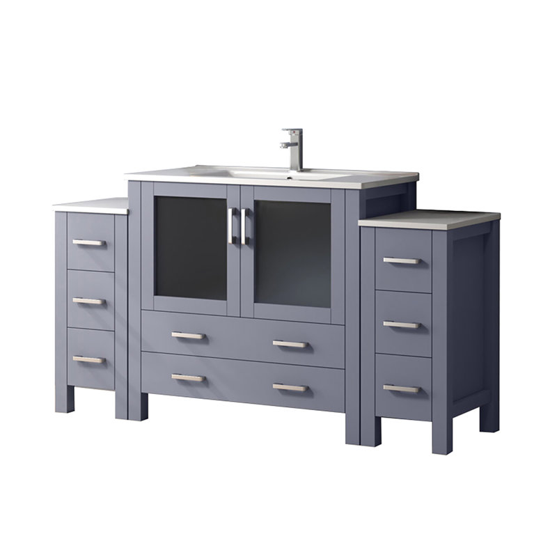 Meuble-lavabo simple avec armoires latérales, comptoir en céramique blanche, robinet à fermeture en douceur, 1 armoire intérieure et 8 tiroirs pour un grand espace de rangement, surface en grattage, trou en acier inoxydable