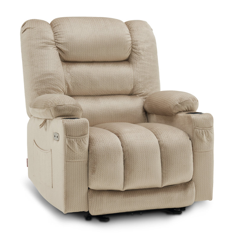 Arnaldo Upholstered Power Recliner with Heat and Massage, USB Ports, Cup Holders, Beige Polyester Blend