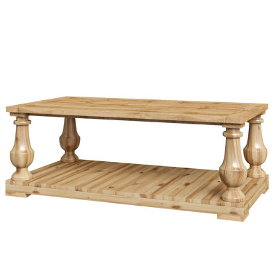 2-Tier Rustic Tan Farmhouse Coffee Table, Solid Pine Wood Center Table with Storage Shelf & Turned Legs, Country Style Wooden Table for Living Room, Lodge & Traditional Home