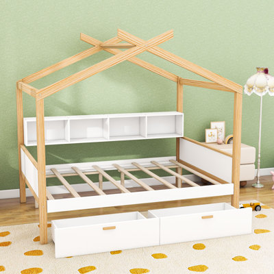 Wooden House Bed With Shelves And 2 Drawers