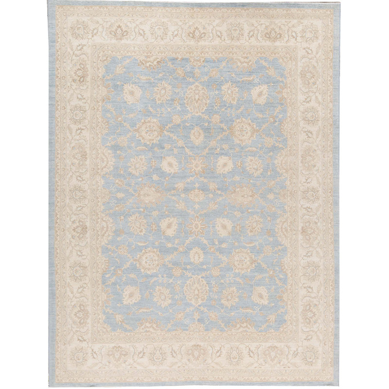 Tapis unique en laine noué à la main de haute qualité de 9 pi 9 po x 13 pi 1 po bleu / ivoire / gris
