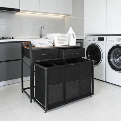 3-Section Rolling Laundry Hamper With Storage Shelf And Drawers, 120L Capacity Mobile Laundry Sorter Organizer With Wheels For Laundry Room, Bathroom, Or Bedroom