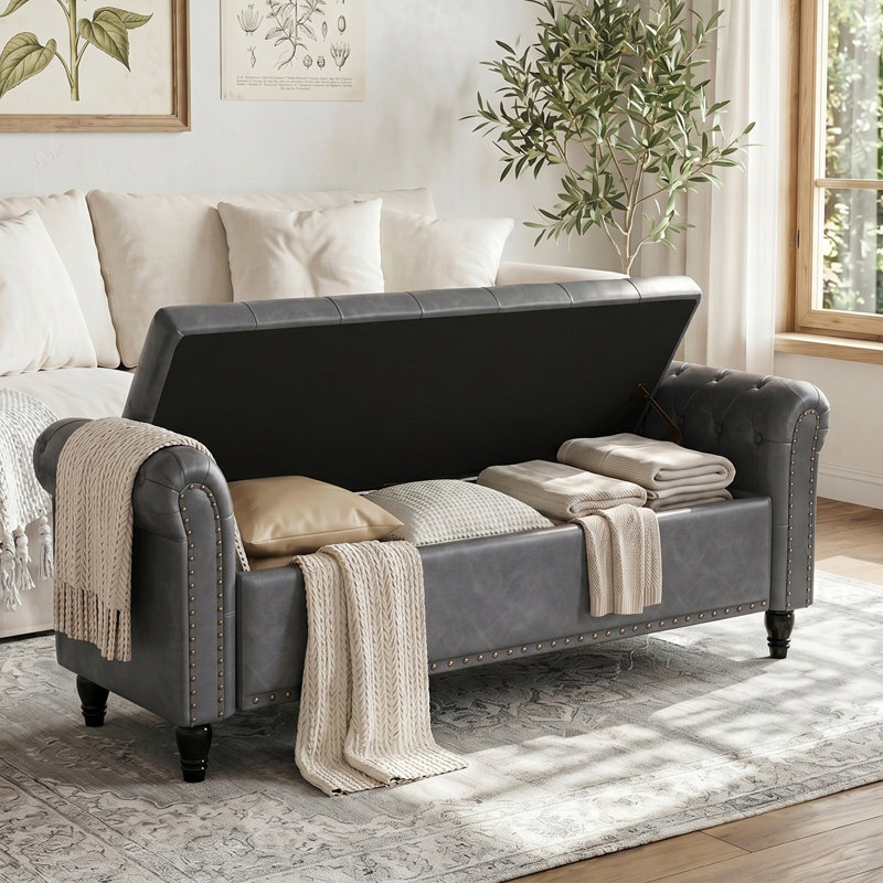 Banc de chambre à coucher avec rangement, Gris, H 22 po x l 55,7 po x P 18 po